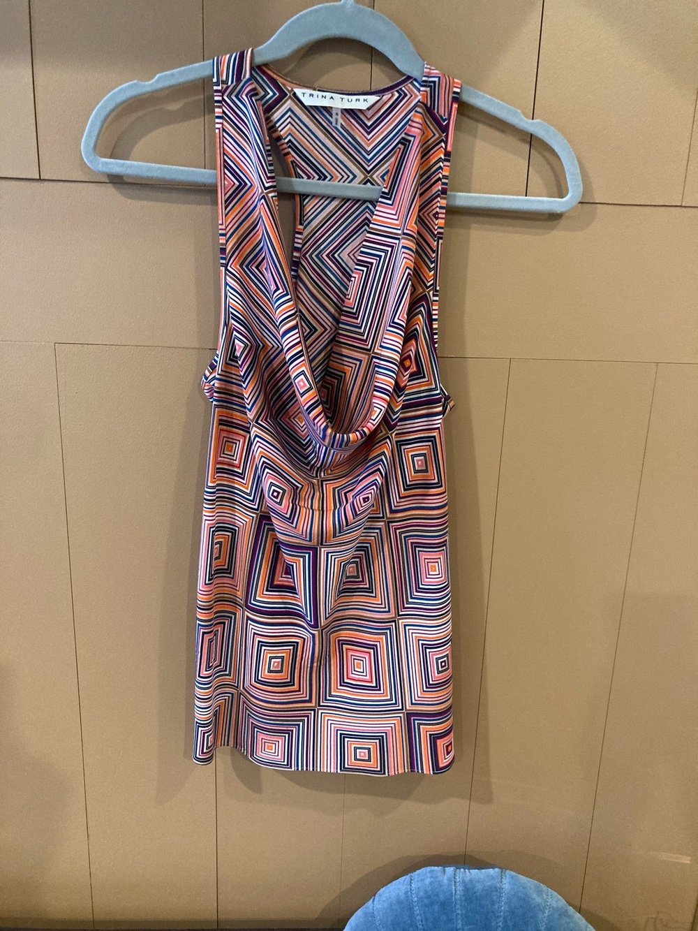 Trina Turk Silk Navy & Pink Geometric Cowl-Neck Top